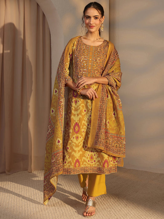 Mustard Printed Cotton Blend Straight Suit Set With Dupatta