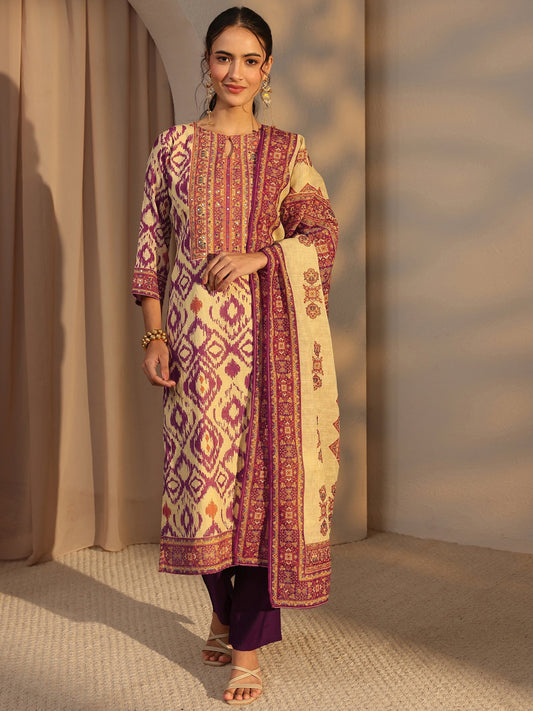 Purple Printed Cotton Blend Straight Suit Set With Dupatta