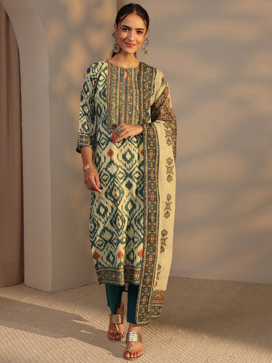 Blue Printed Cotton Blend Straight Suit Set With Dupatta