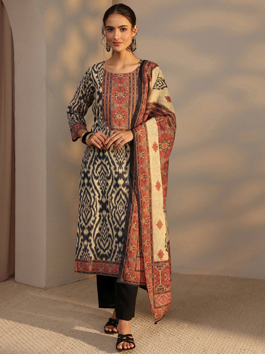 Black Printed Cotton Blend Straight Suit Set With Dupatta