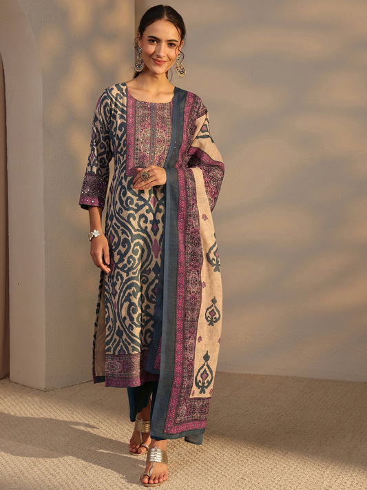 Blue Printed Cotton Blend Straight Suit Set With Dupatta