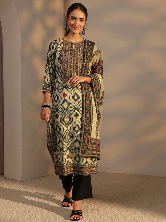 Beige Printed Cotton Blend Straight Suit Set With Dupatta