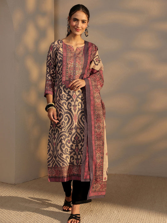 Blue Printed Cotton Blend Straight Suit Set With Dupatta
