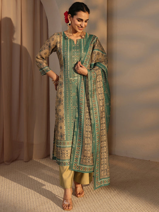 Beige Bandhani Printed Silk Blend Straight Suit Set With Dupatta