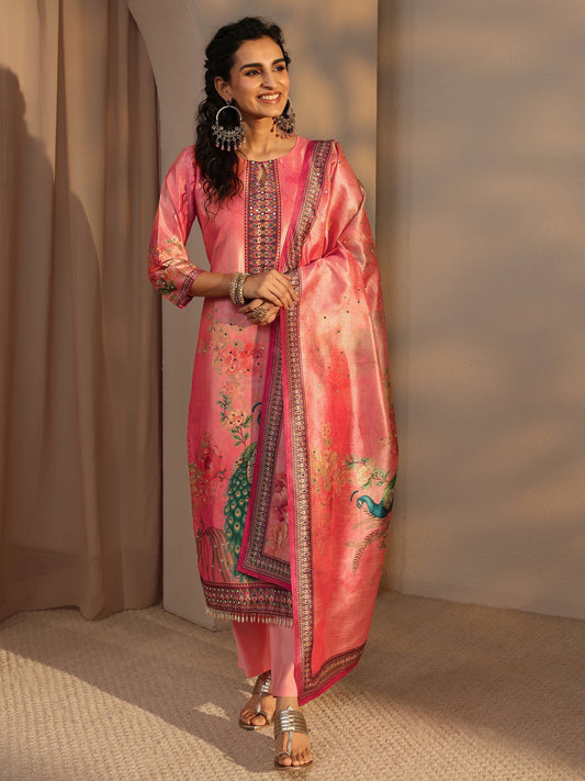 Peach Floral Printed Silk Blend Straight Suit Set With Dupatta