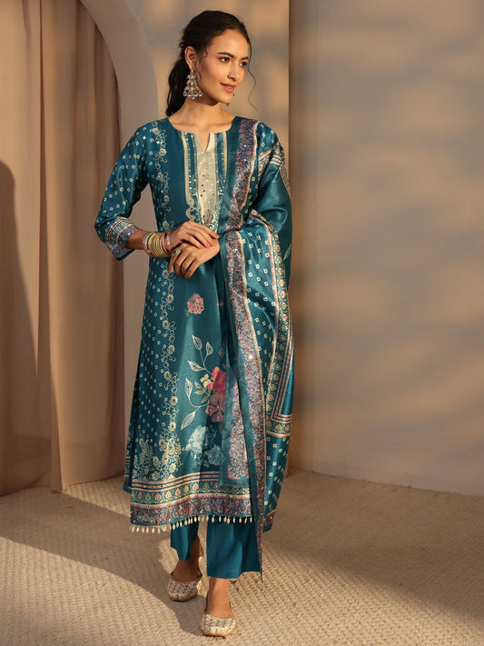 Blue Floral Printed Silk Blend Straight Suit Set With Dupatta