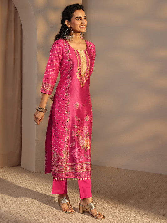 Pink Floral Printed Silk Blend Straight Suit Set With Dupatta