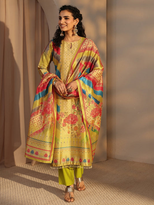 Yellow Ethnic Printed Silk Blend Straight Suit Set With Dupatta