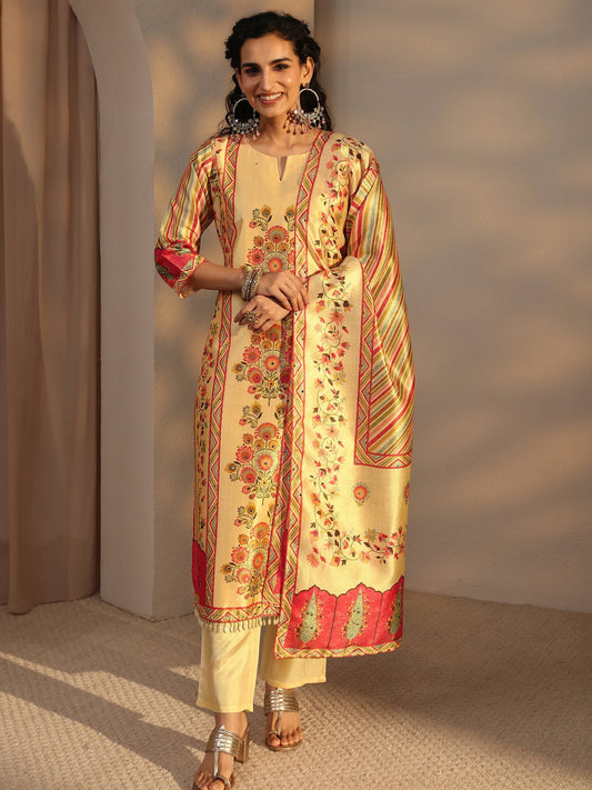 Beige Floral Printed Silk Blend Straight Suit Set With Dupatta