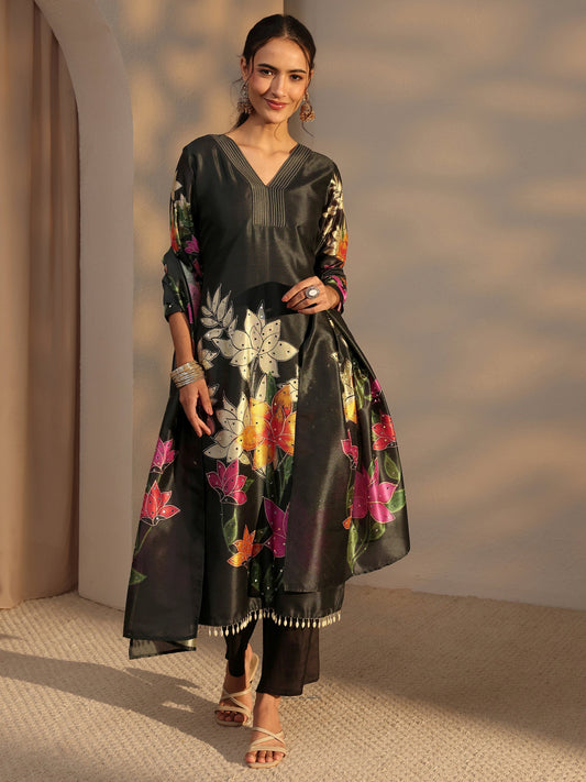 Black Floral Printed Silk Blend Straight Suit Set With Dupatta