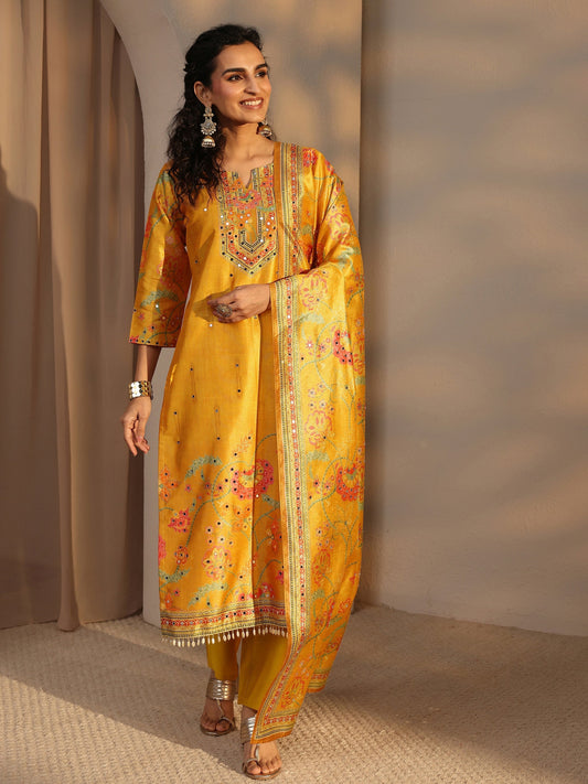 Mustard Floral Printed Silk Blend Straight Suit Set With Dupatta
