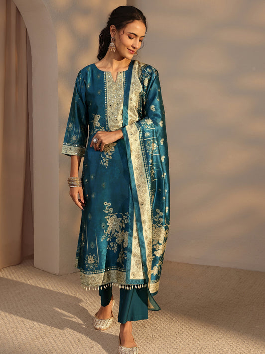 Blue Floral Printed Silk Blend Straight Suit Set With Dupatta