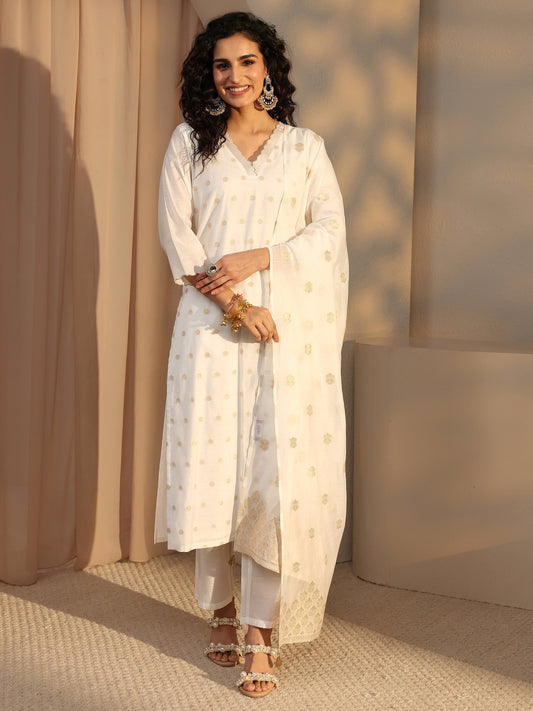 White Woven Design Chanderi Silk Straight Suit Set With Dupatta