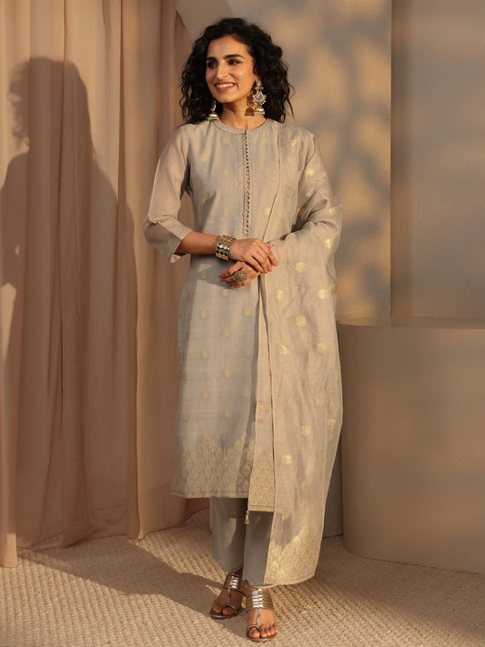 Grey Woven Design Chanderi Silk Straight Suit Set With Dupatta