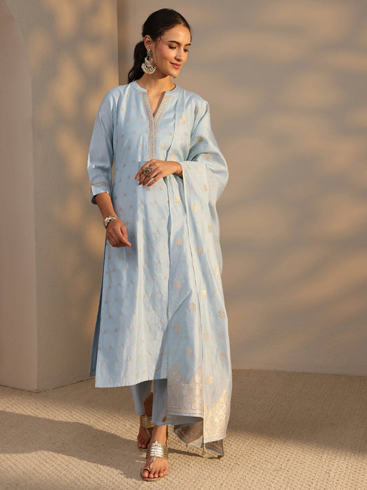 Blue Woven Design Chanderi Silk Straight Suit Set With Dupatta