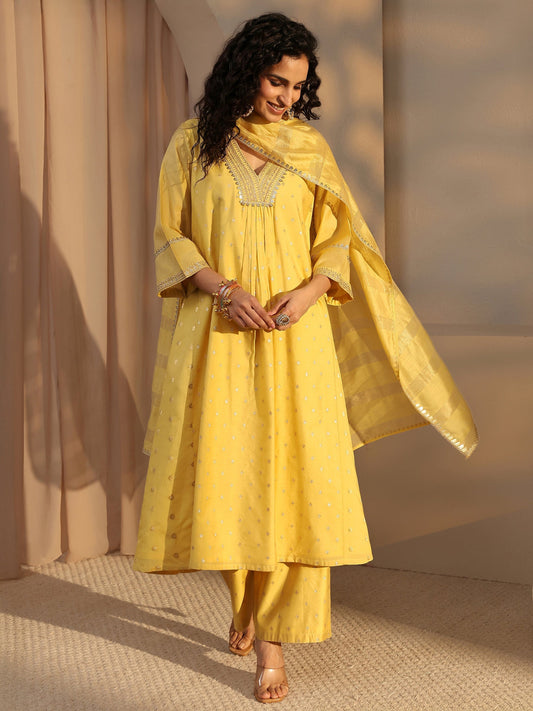 Yellow Woven Design Chanderi Silk A-Line Suit Set With Dupatta