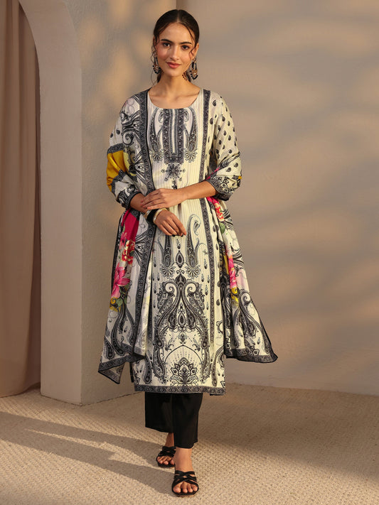 White Paisley Printed Cotton Blend Straight Suit Set With Dupatta