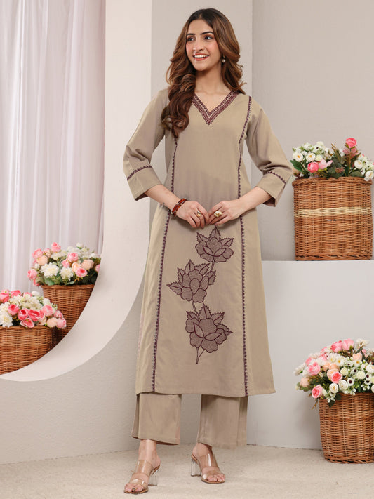 Beige Floral Embroidered Cotton Straight Kurta Set