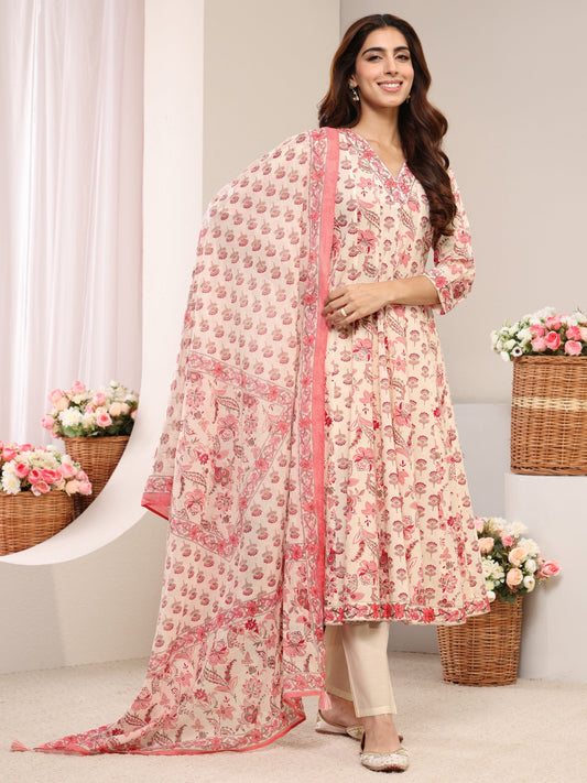 Peach Floral Printed Cotton A-Line Suit Set With Dupatta