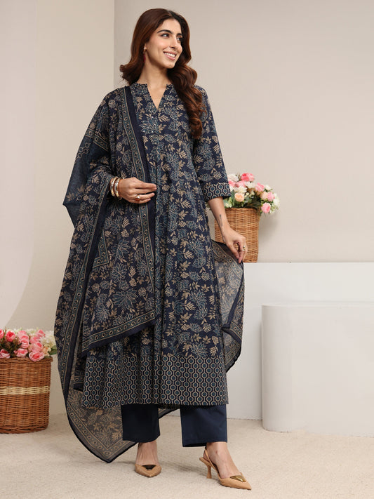 Blue Floral Printed Cotton A-Line Suit Set With Dupatta