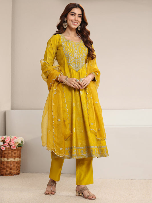 Yellow Bandhani Printed Silk Blend A-Line Suit Set With Dupatta