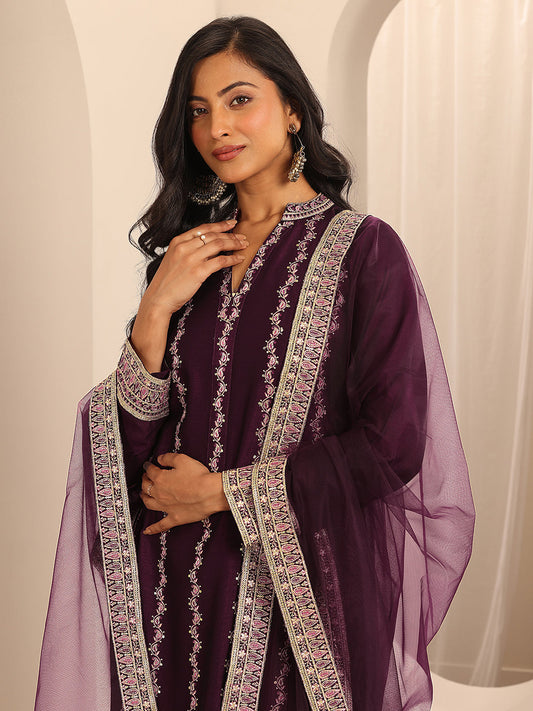 Libas Art Burgundy Embroidered Silk Blend Straight Suit Set With Dupatta