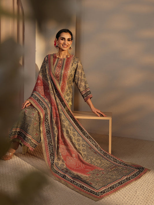 Beige Bandhani Printed Silk Blend Straight Suit Set With Dupatta