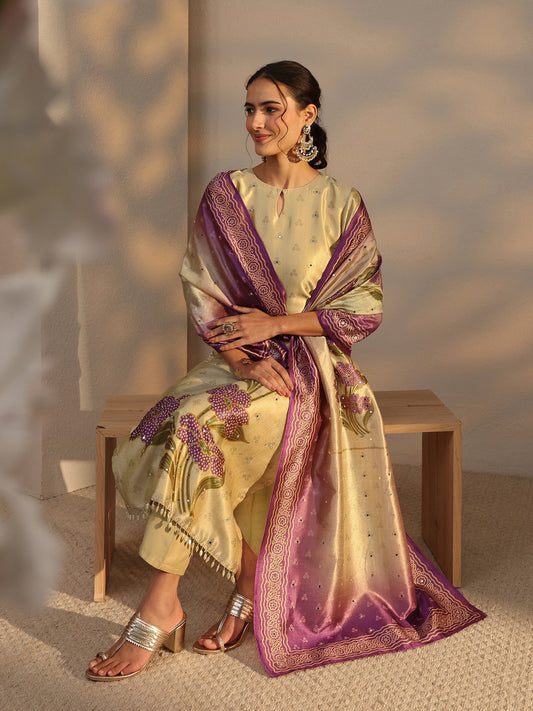 Beige Floral Printed Silk Blend Straight Suit Set With Dupatta