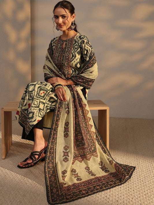 Beige Printed Cotton Blend Straight Suit Set With Dupatta
