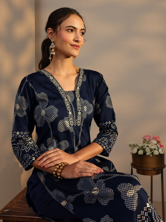 Blue Bandhani Printed Cotton Straight Kurta
