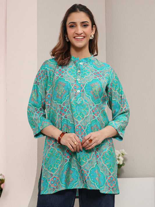 Blue Ethnic Printed Silk Blend Straight Short Kurti