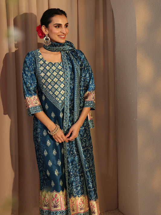 Blue Ethnic Printed Silk Blend Straight Suit Set With Dupatta