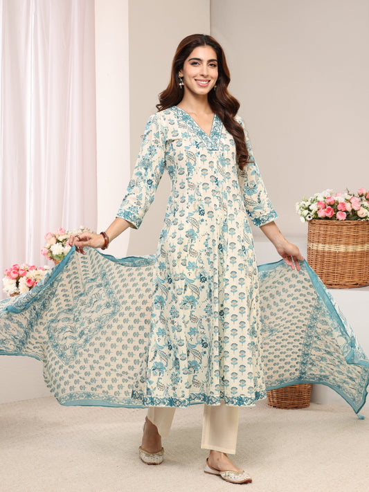 Blue Floral Printed Cotton A-Line Suit Set With Dupatta