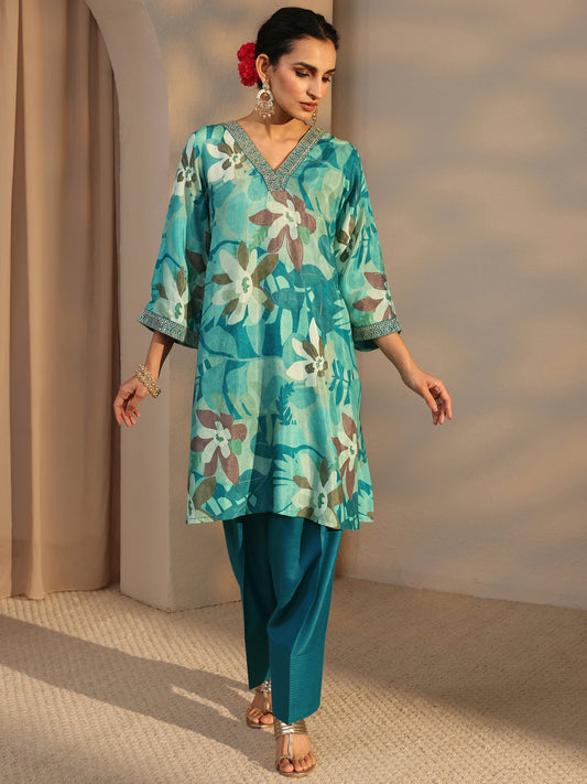 Blue Floral Printed Muslin Co-Ord Set