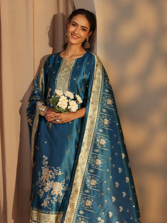 Blue Floral Printed Silk Blend Straight Suit Set With Dupatta