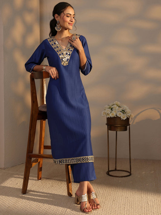 Blue Mirror Work Yoke Design Silk Blend Straight Kurta Set