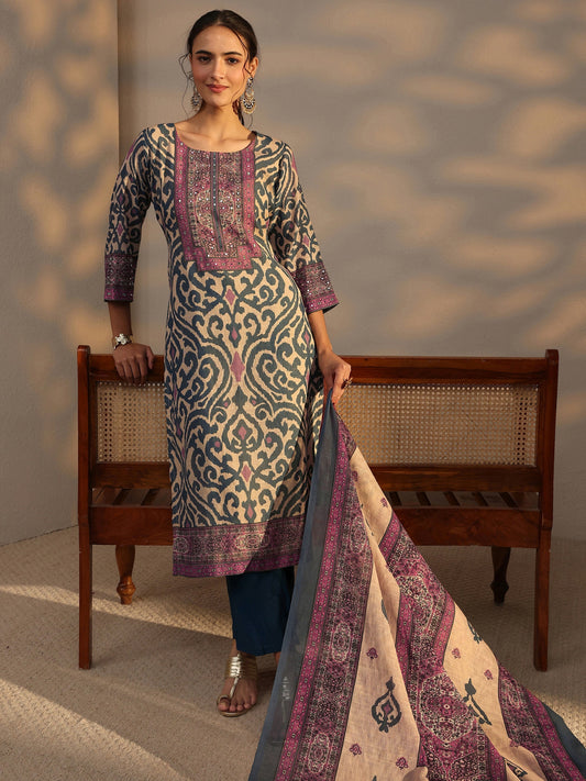 Blue Printed Cotton Blend Straight Suit Set With Dupatta
