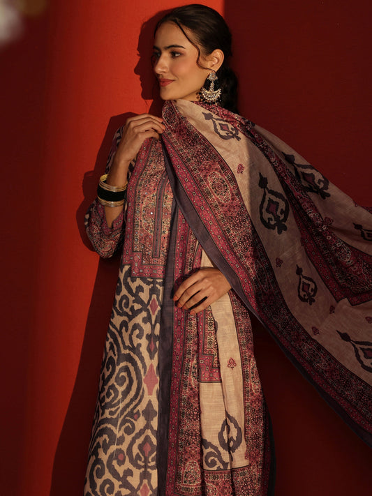 Blue Printed Cotton Blend Straight Suit Set With Dupatta