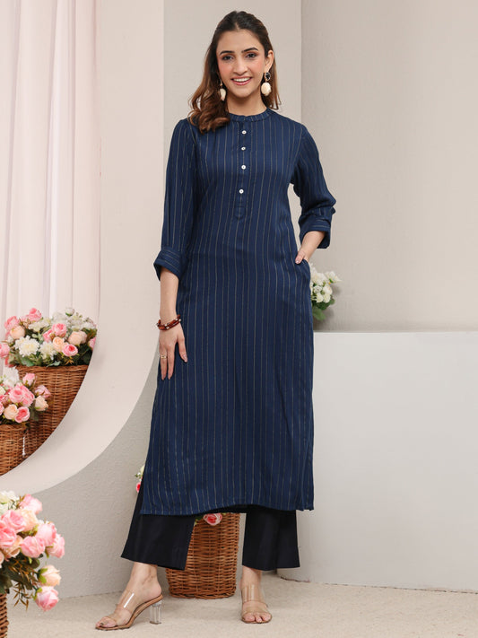 Blue Striped Woven Design Rayon Straight Kurta