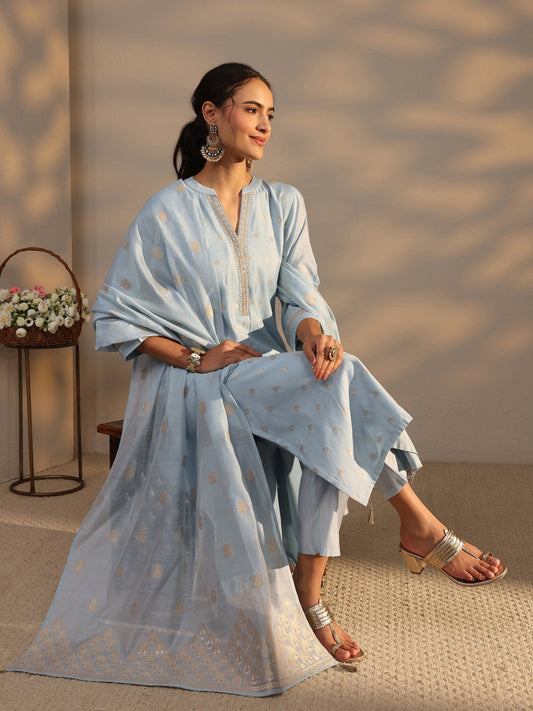 Blue Woven Design Chanderi Silk Straight Suit Set With Dupatta