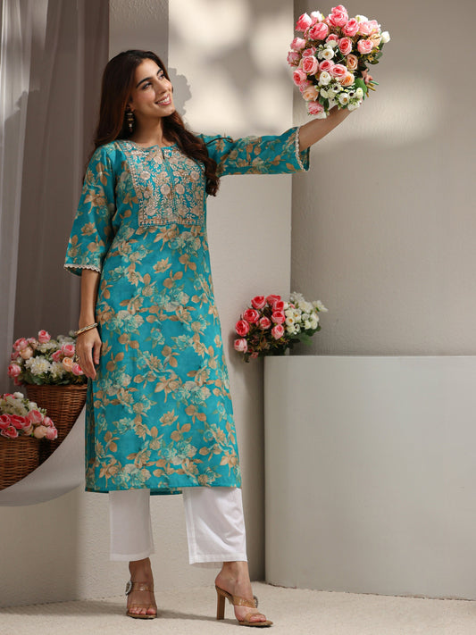 Blue Yoke Design Floral Printed Silk Blend Straight Kurta