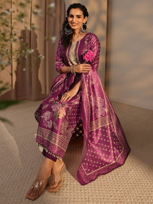 Burgundy Floral Printed Silk Blend Straight Suit Set With Dupatta