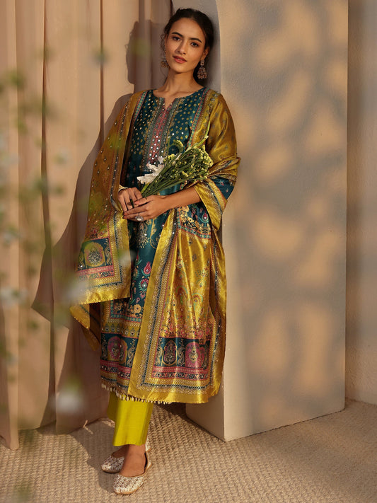 Green Ethnic Printed Silk Blend Straight Suit Set With Dupatta