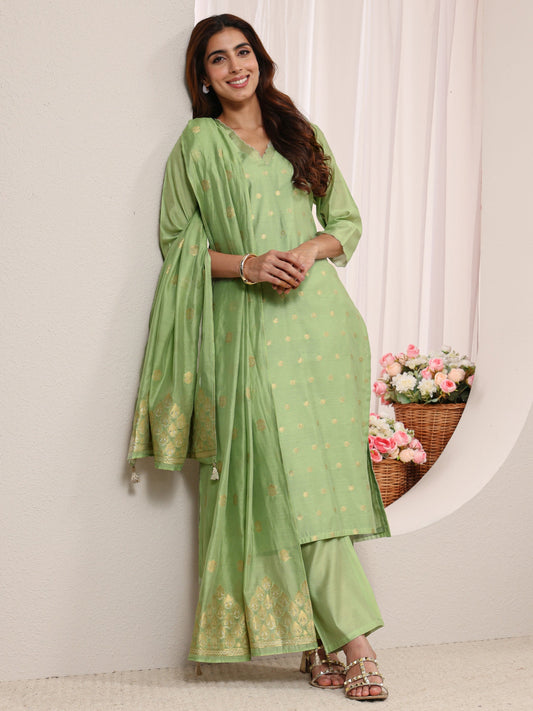Green Ethnic Woven Design Chanderi Silk Straight Suit Set With Dupatta