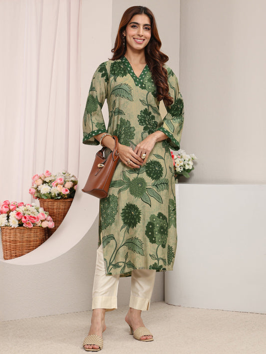 Green Floral Printed Silk Blend Straight Kurta