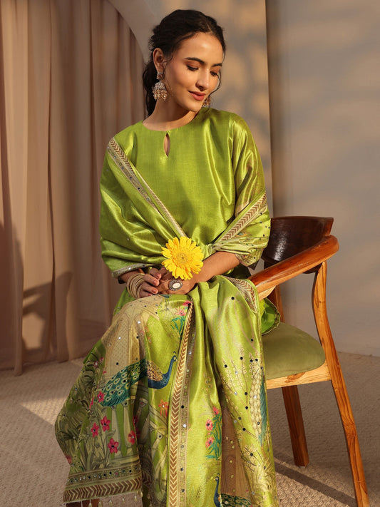 Green Floral Printed Silk Blend Straight Suit Set With Dupatta