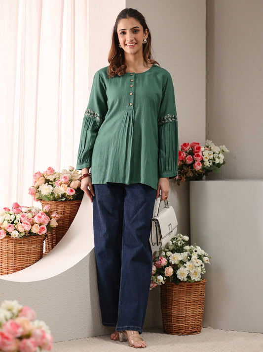 Green Solid Cotton A-Line Short Kurti