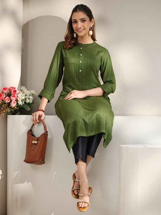 Green Striped Woven Design Rayon Straight Kurta