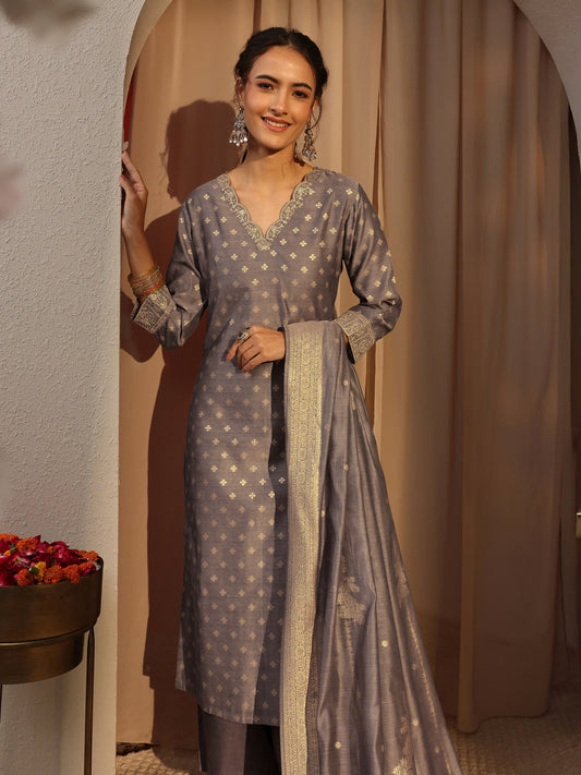 Grey Woven Design Chanderi Silk Straight Suit Set With Dupatta