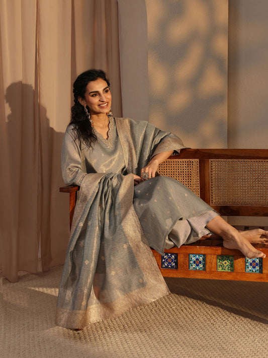 Grey Woven Design Chanderi Silk Straight Suit Set With Dupatta